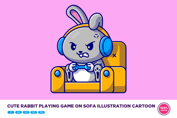 The Appeal of the Cute Rabbit Playing Game on Sofa Cartoon Illustration